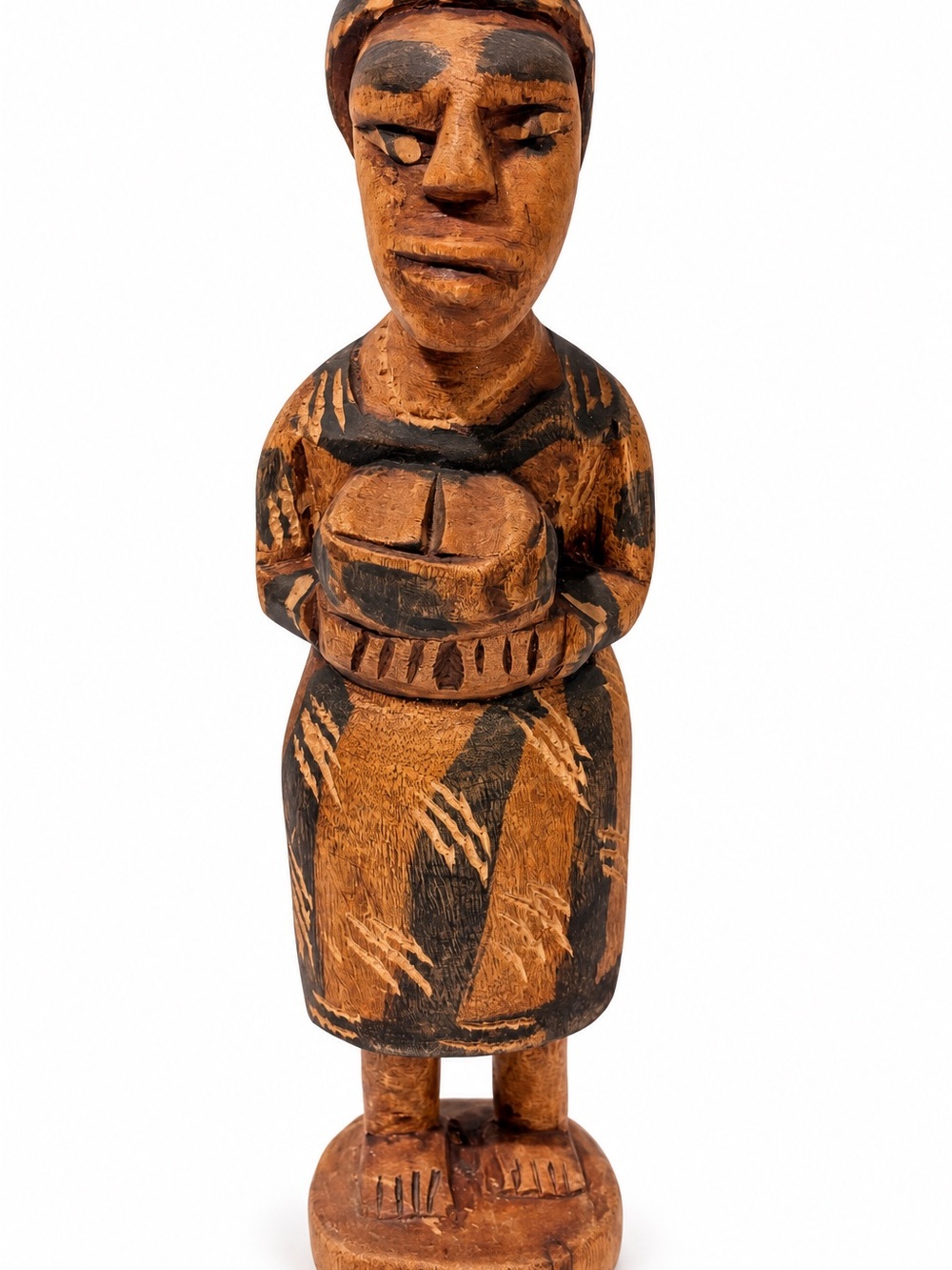 Vintage Hand Carved Wood Woman Holding Basket Folk Art Figurine 12”